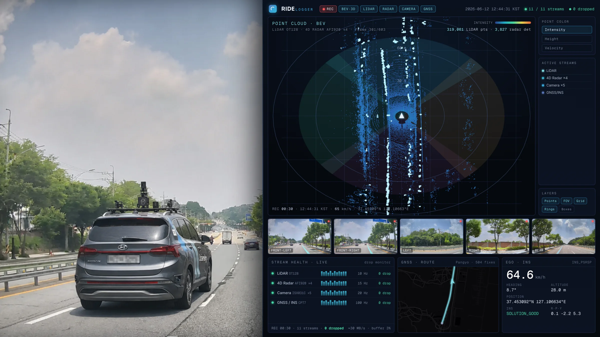 RIDE vehicle driving in the real world with the in-vehicle logging tool capturing 4D radar, LiDAR, camera and GNSS streams at the same moment