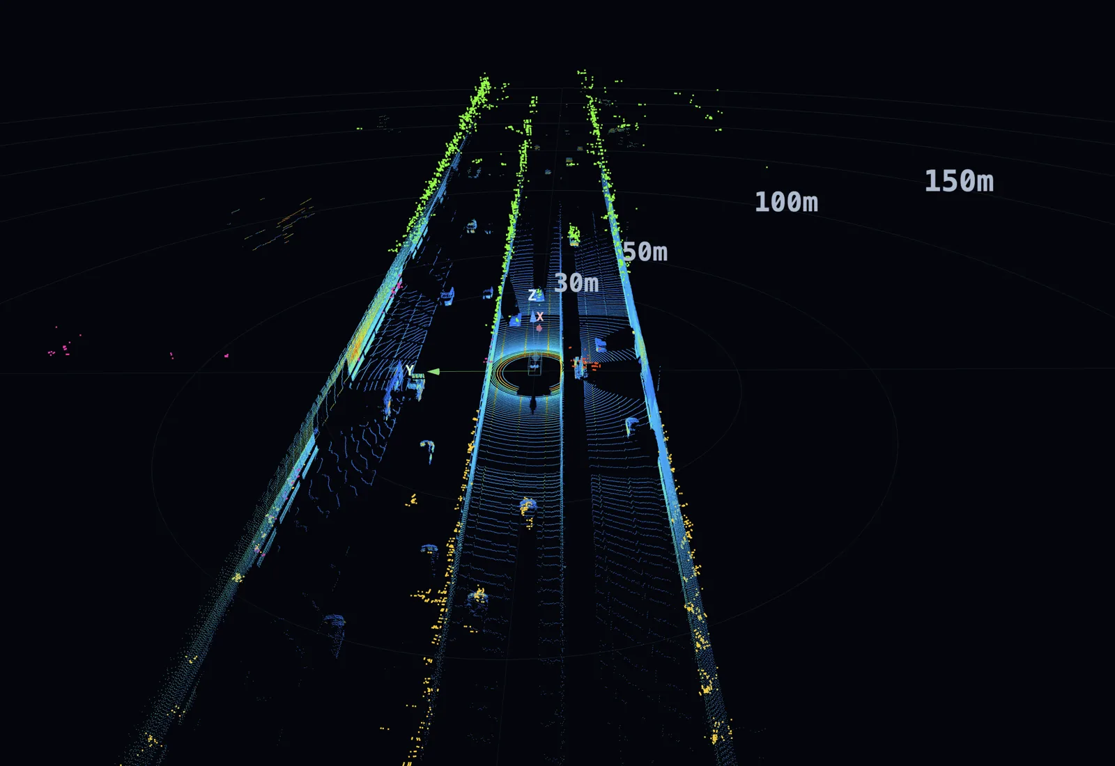 Highway point cloud — multi-lane traffic, distant vehicles
